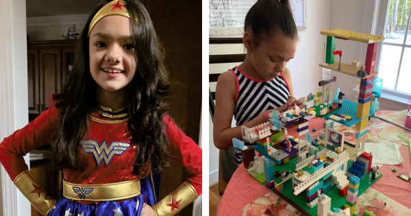 Tatiana as a superhero and building Lego