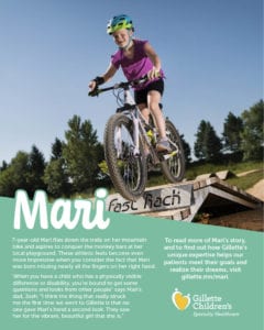 The image is of Mari riding her bike with a brief bio of how Gillette has helped her.