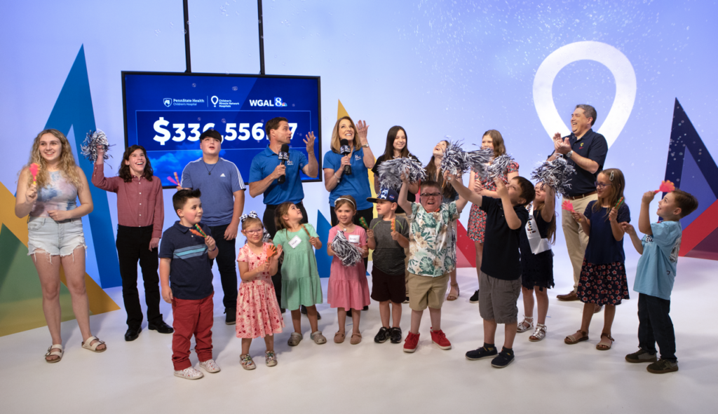 WGAL-TV anchors Jere Gish and Lori Burkholder celebrate the total raised with Miracle Children during the CMN Telethon on Thursday, June 8, 2023.