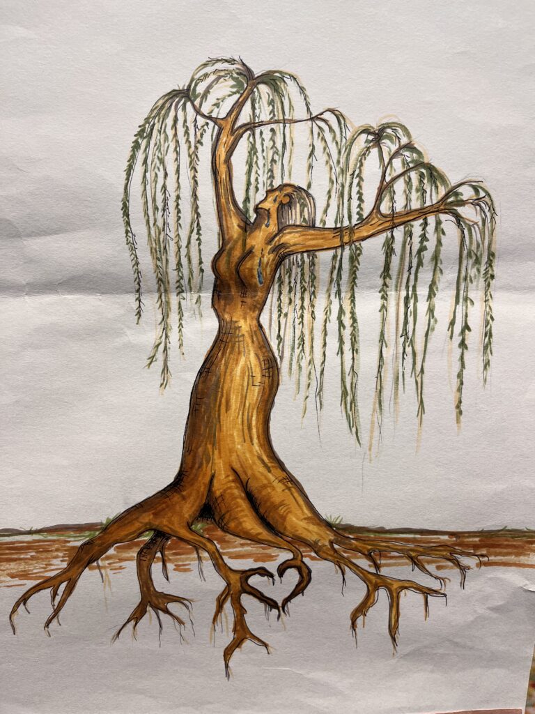 A drawing of a willow tree whose trunk takes the shape of a female body hangs in the eating disorder clinic