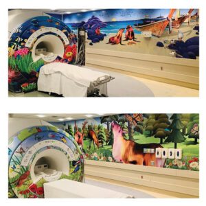 Two photos with MRI machines newly updated with colorful wraps of a seascape and forest scen.