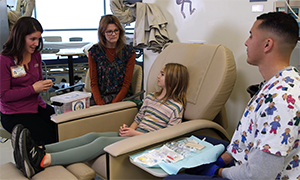Pediatric patient with parent, child life specialist and nurse in a treatment room.