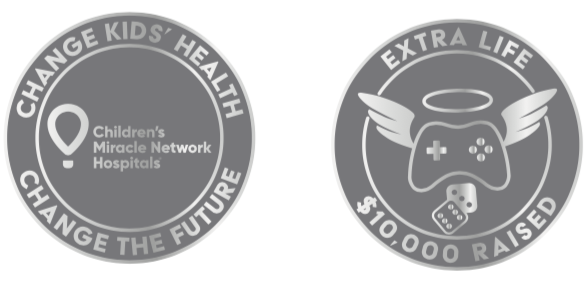 An illustration of the front and back of a silver challenge coin. The front of the coin is minted with the Children's Miracle Network Hospitals logo and the words "Change Kids Health Change the Future." The back of the coin contains the Extra Life controller icon with the text "Extra Life $10,000 Raised."